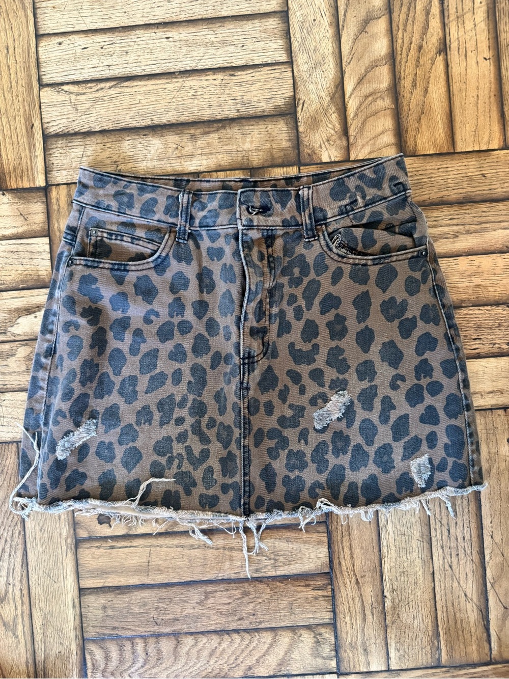 Bershka Leopard Print Distressed Mini Skirt - Brown/Black